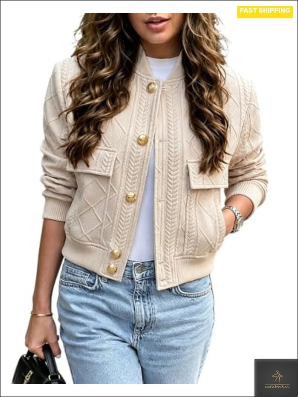 Women's Argyle Cable Knit Bomber Jacket Cropped Long Sleeve
